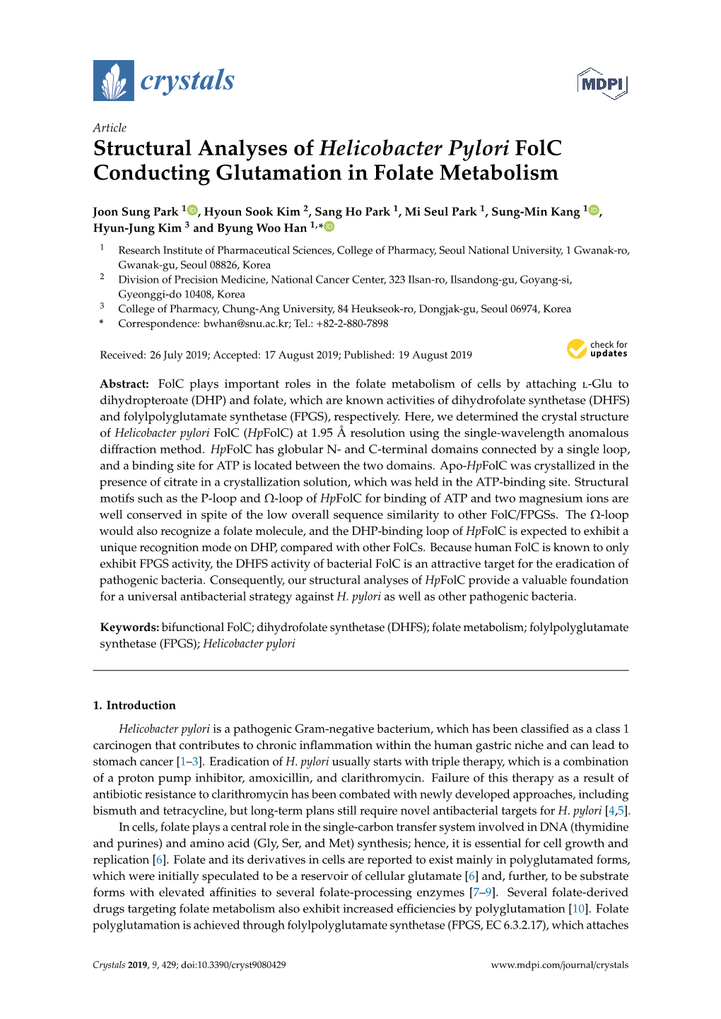 Structural Analyses of Helicobacter Pylori Folc Conducting Glutamation in Folate Metabolism