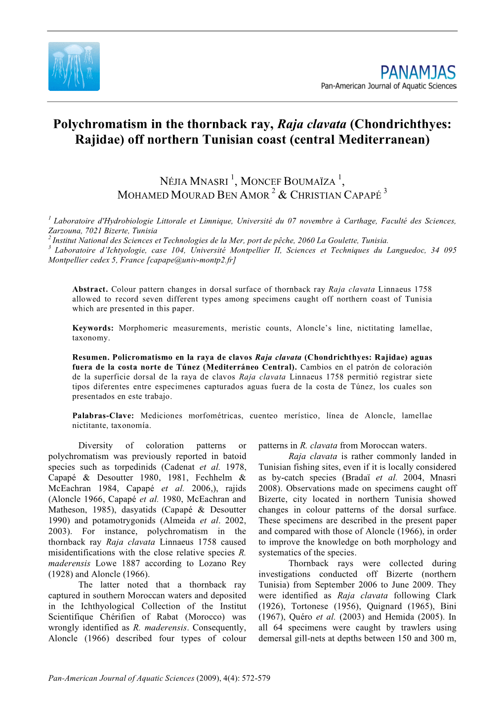 Polychromatism in the Thornback Ray, Raja Clavata (Chondrichthyes: Rajidae) Off Northern Tunisian Coast (Central Mediterranean)