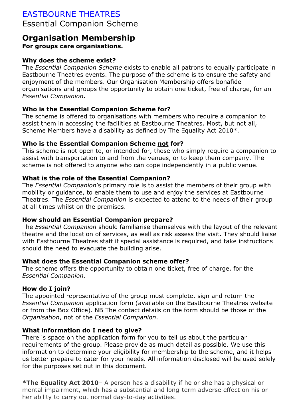 EASTBOURNE THEATRES Essential Companion Scheme Organisation Membership Application Form