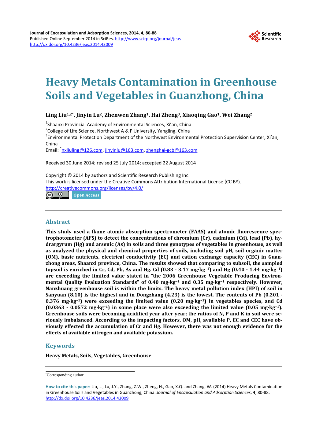 Heavy Metals Contamination in Greenhouse Soils and Vegetables in Guanzhong, China
