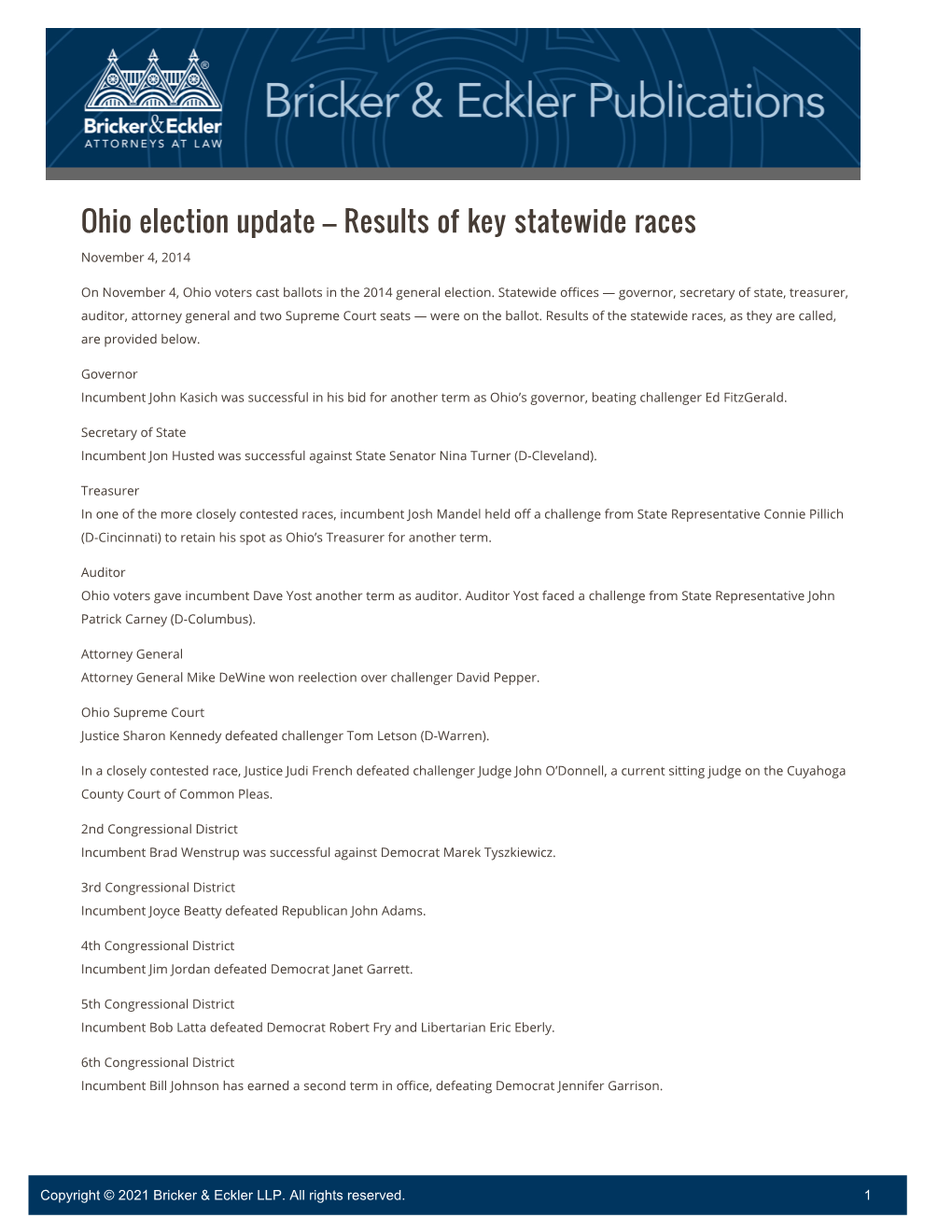 Ohio Election Update – Results of Key Statewide Races November 4, 2014