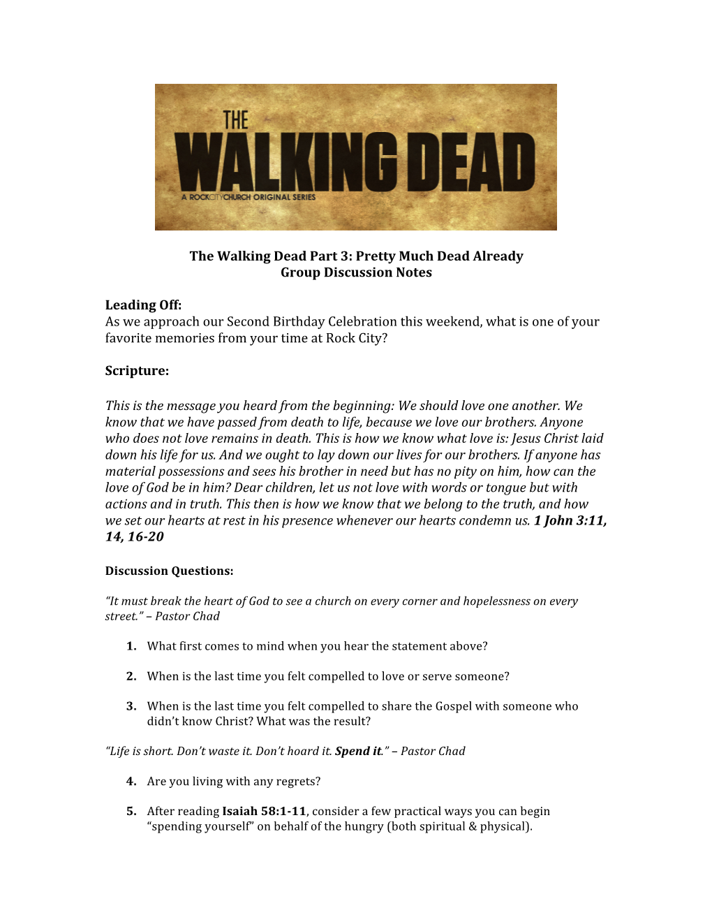 The Walking Dead Part 3: Pretty Much Dead Already Group Discussion Notes