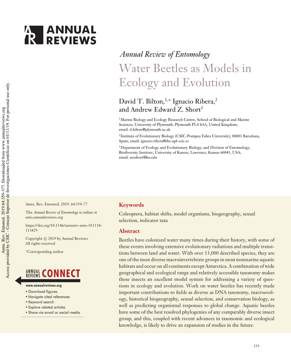 Water Beetles As Models in Ecology and Evolution