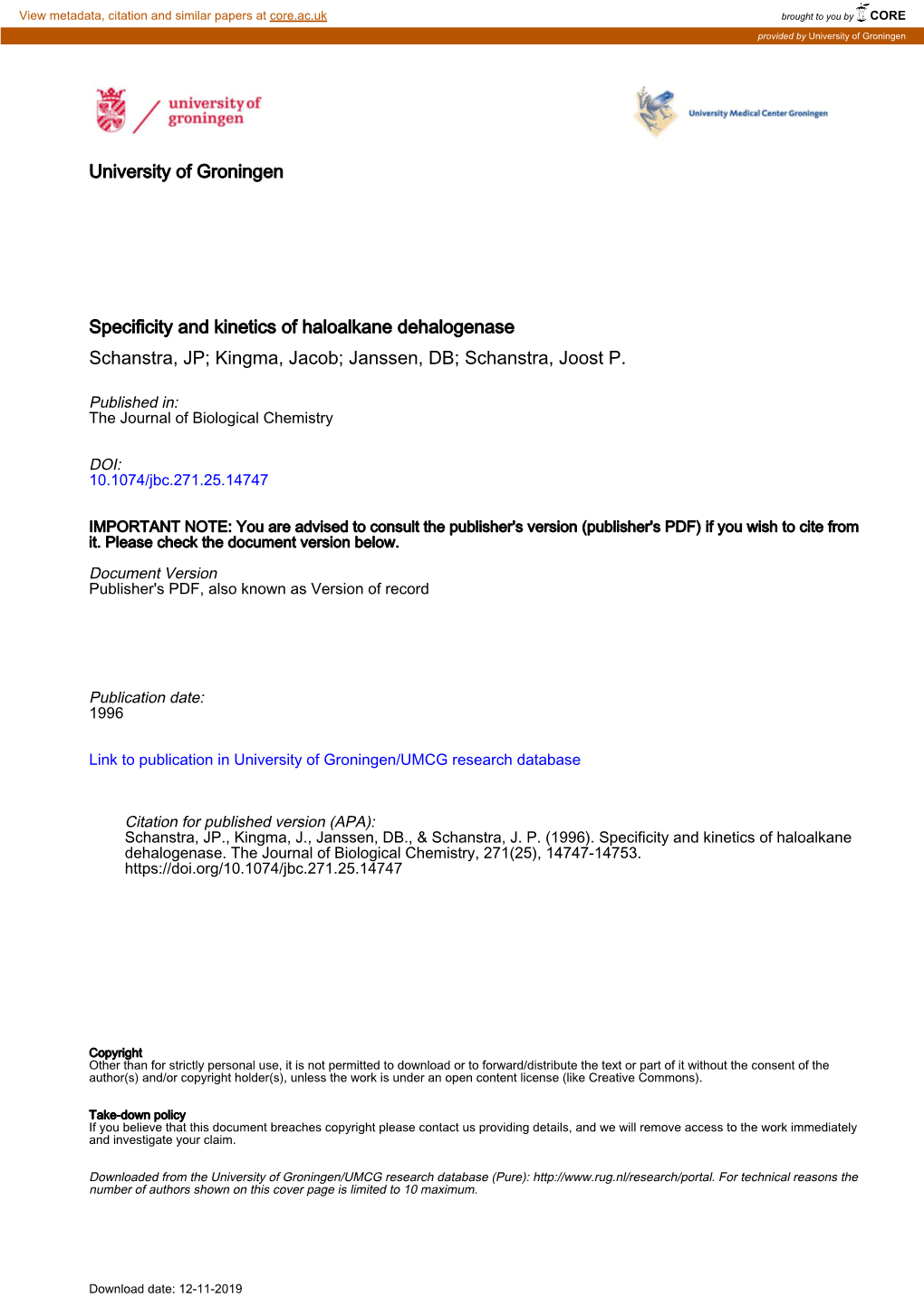 University of Groningen Specificity and Kinetics of Haloalkane