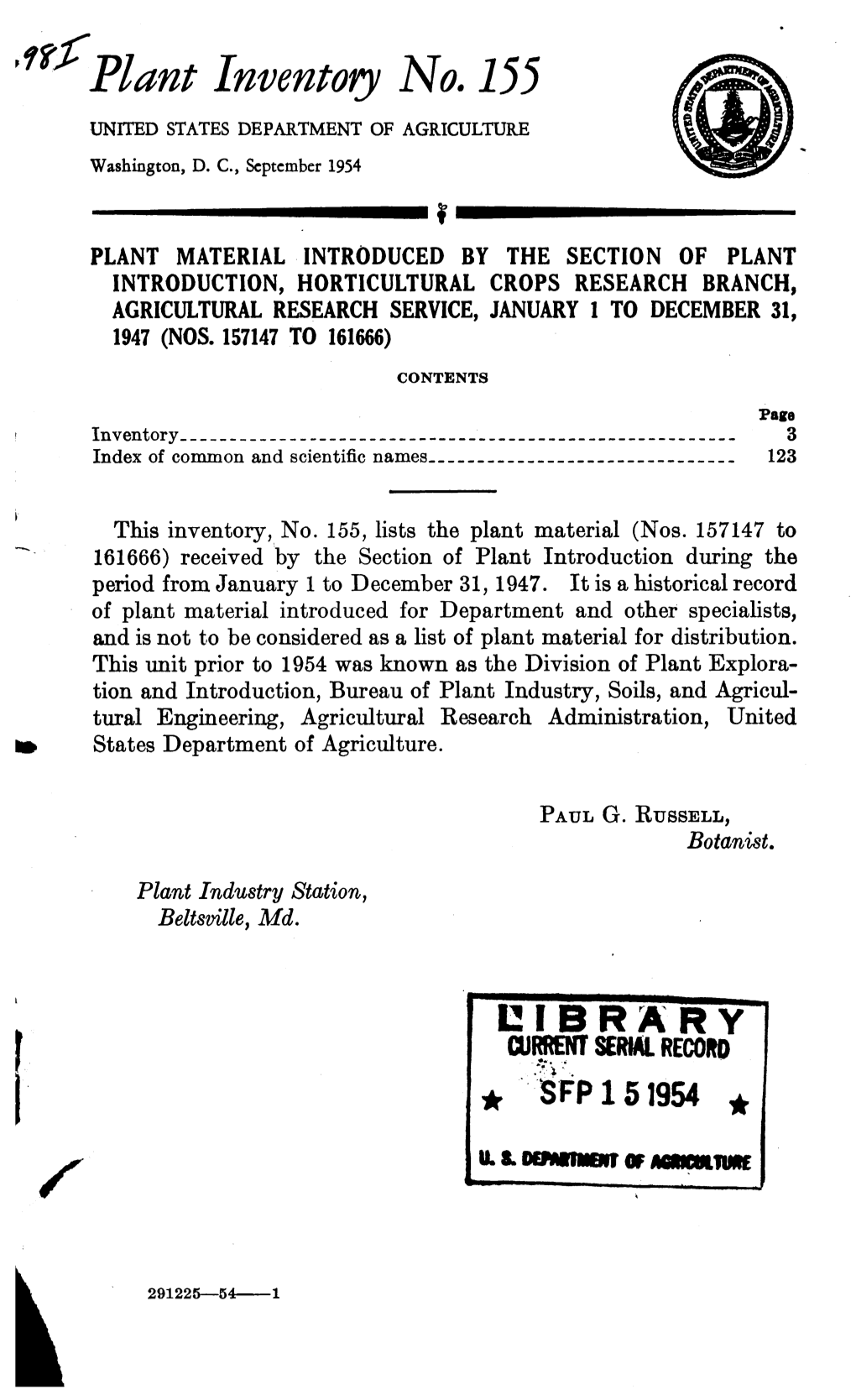 Plant Inventory No. 155 UNITED STATES DEPARTMENT of AGRICULTURE