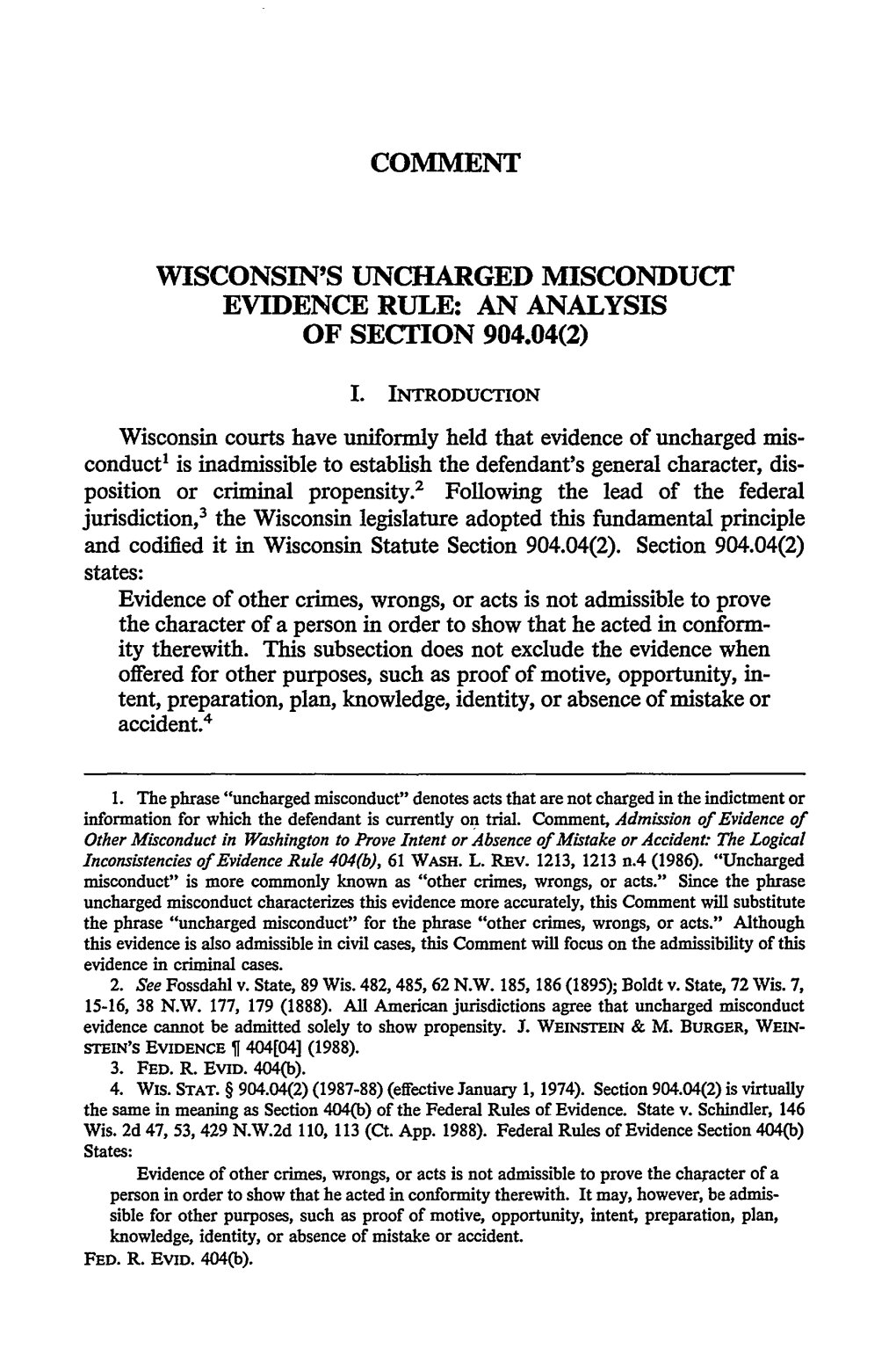 Wisconsin's Uncharged Misconduct Evidence Rule: an Analysis of Section 904.04(2)