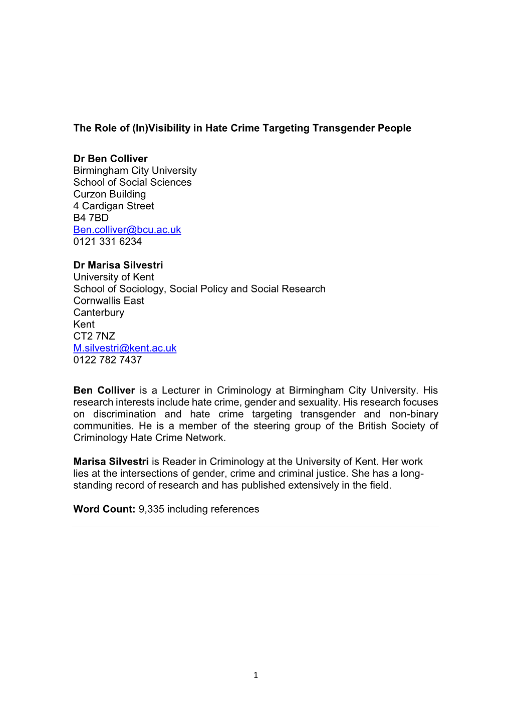 The Role of (In)Visibility in Hate Crime Targeting Transgender People Dr