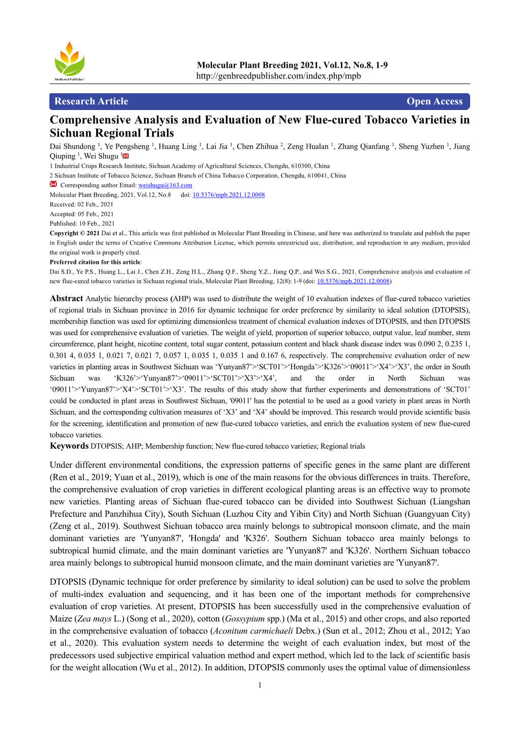 Comprehensive Analysis and Evaluation of New Flue-Cured