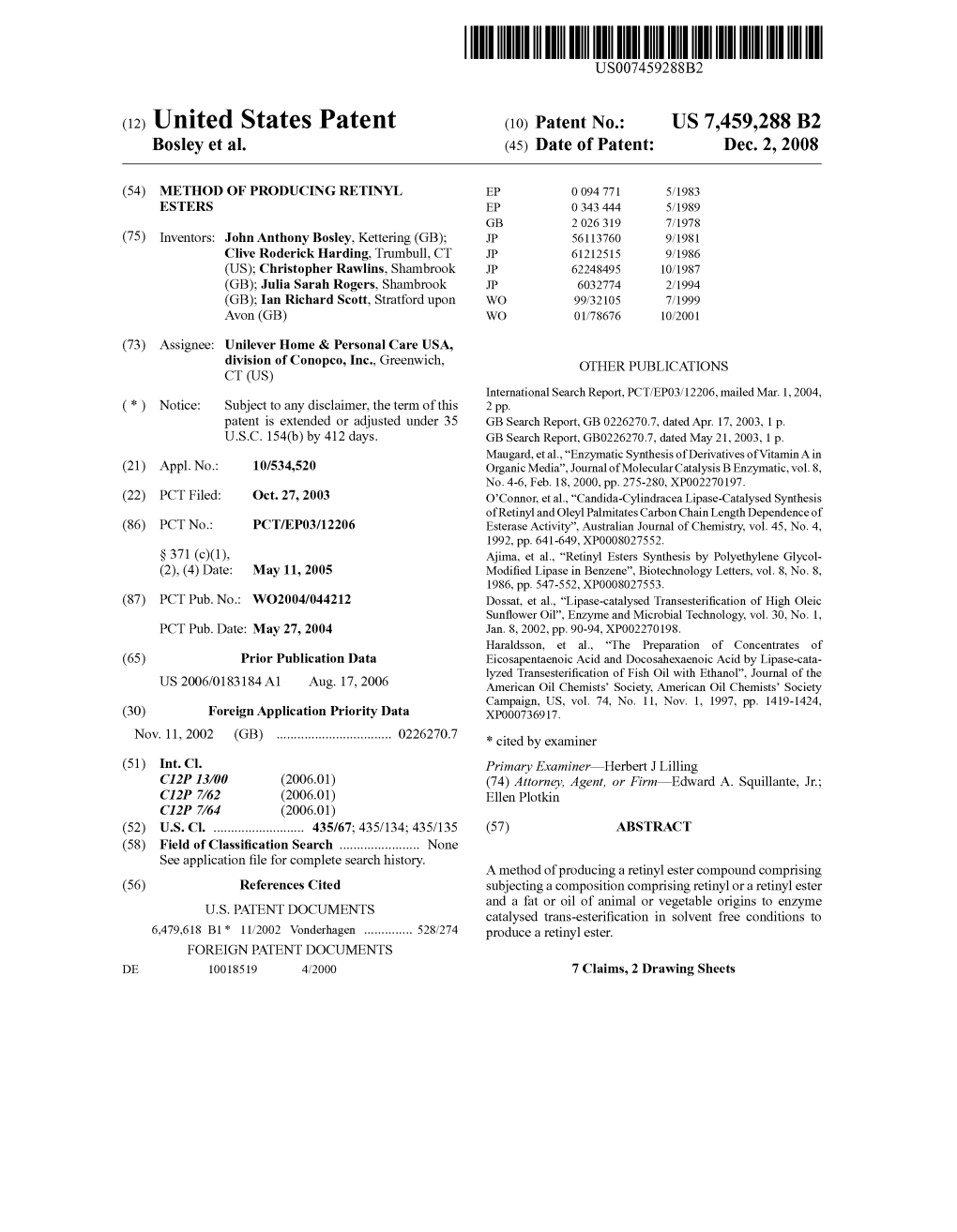 (12) United States Patent (10) Patent No.: US 7459.288 B2 Bosley Et Al