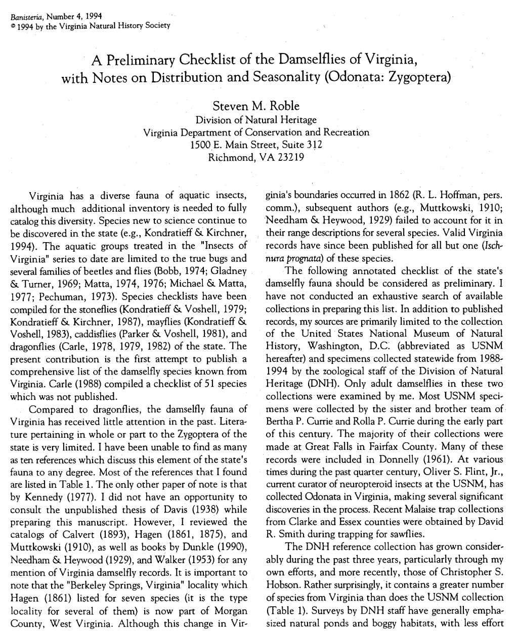 A Preliminary Checklist of the Damselflies of Virginia, with Notes on Distribution and Seasonality (Odonata: Zygoptera)