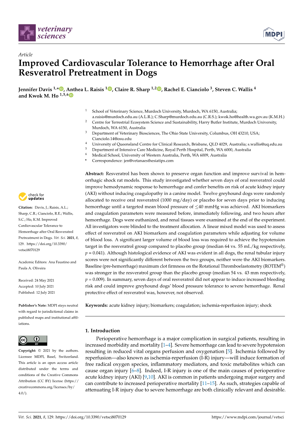 Improved Cardiovascular Tolerance to Hemorrhage After Oral Resveratrol Pretreatment in Dogs
