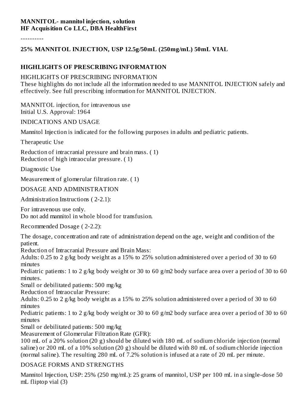 25% MANNITOL INJECTION, USP 12.5G/50Ml (250Mg/Ml) 50Ml VIAL