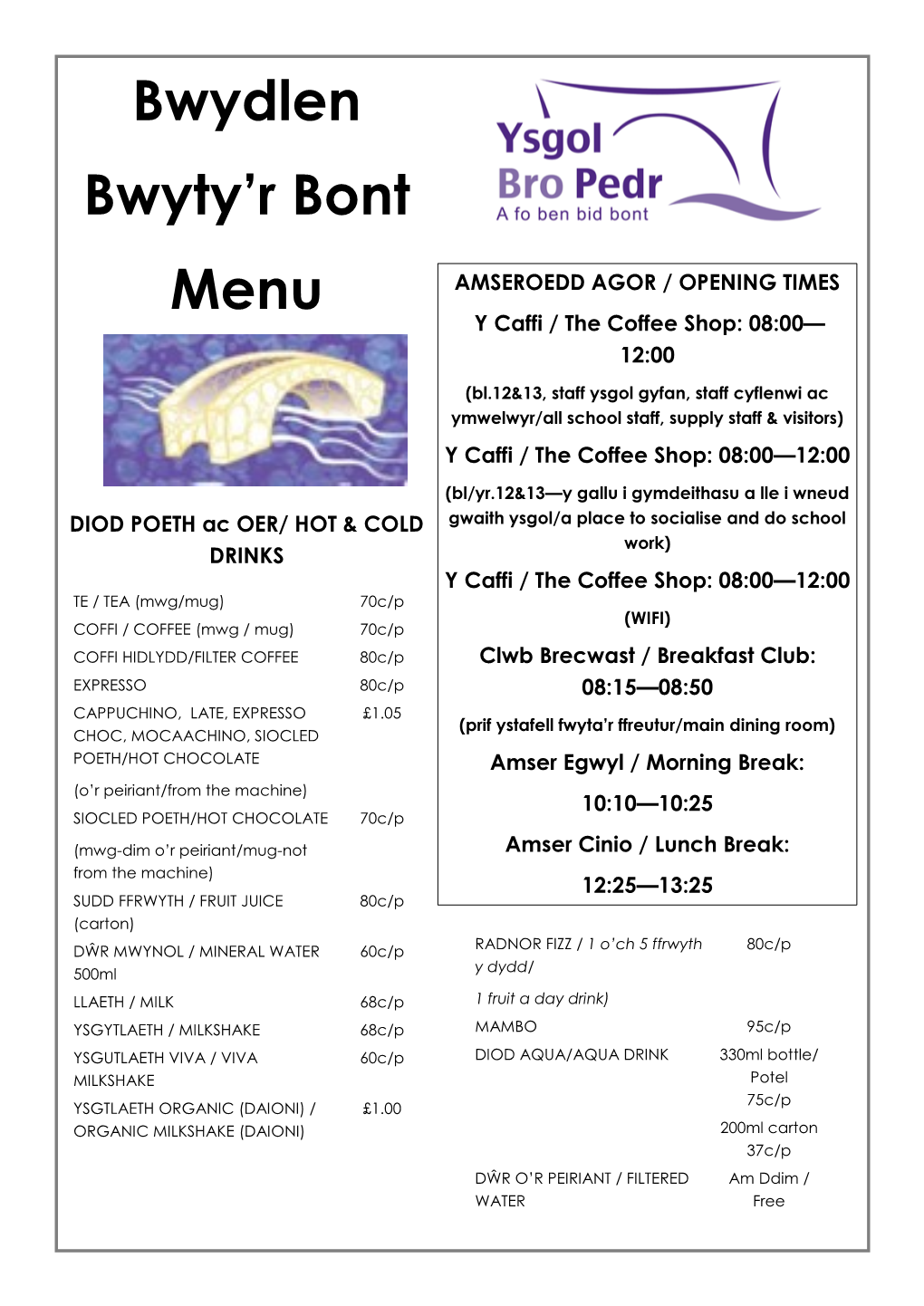 Bwydlen Bwyty'r Bont Menu