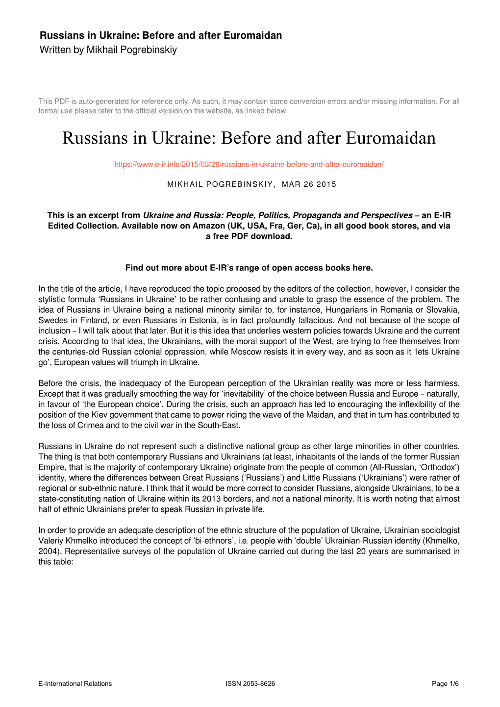 Russians in Ukraine: Before and After Euromaidan Written by Mikhail Pogrebinskiy