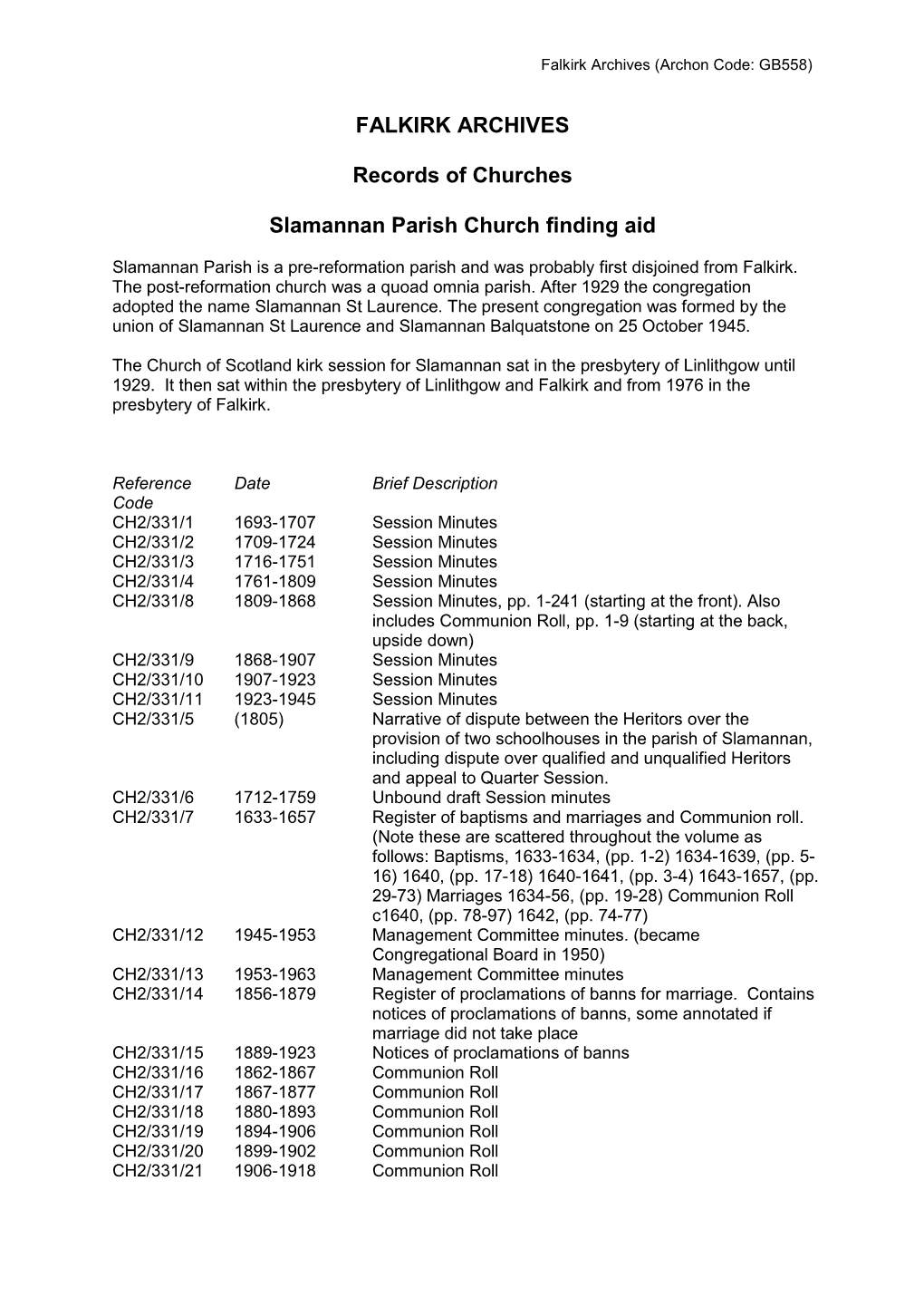 Slamannan Parish Church Finding Aid