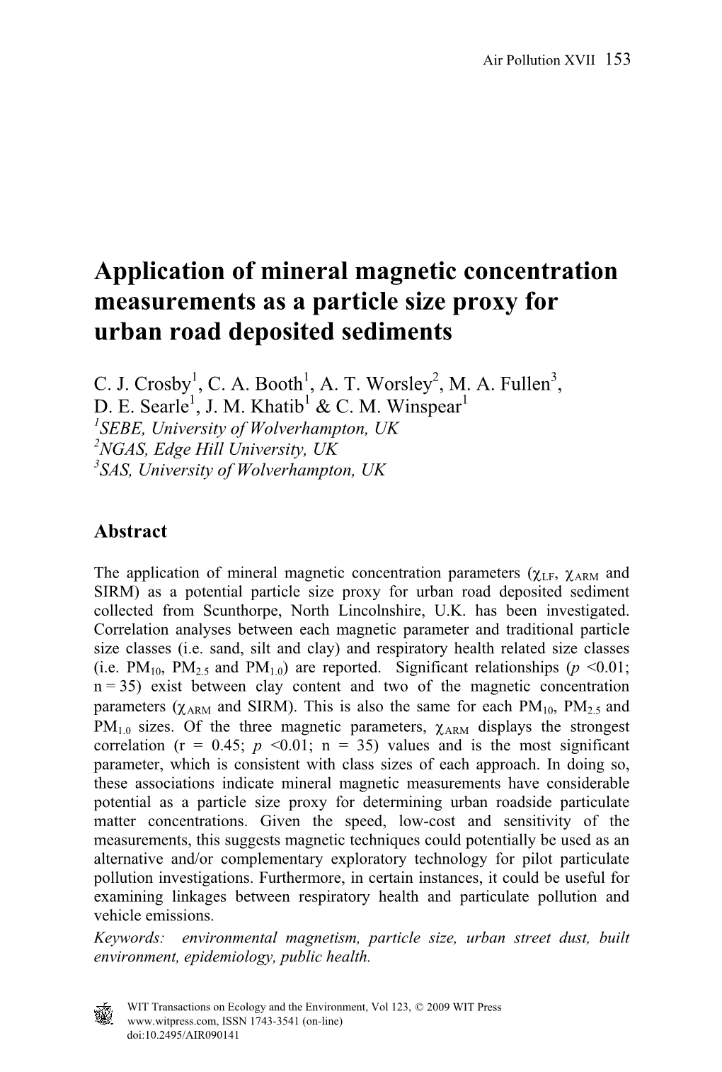 Application of Mineral Magnetic Concentration Measurements As a Particle Size Proxy for Urban Road Deposited Sediments