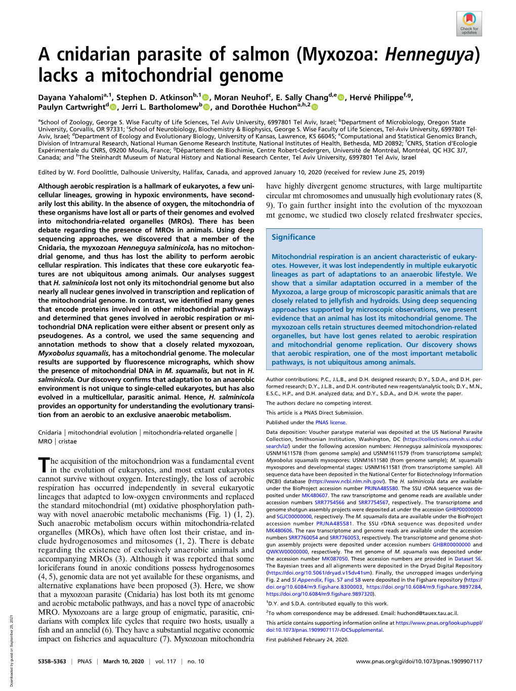 A Cnidarian Parasite of Salmon (Myxozoa: Henneguya) Lacks a Mitochondrial Genome