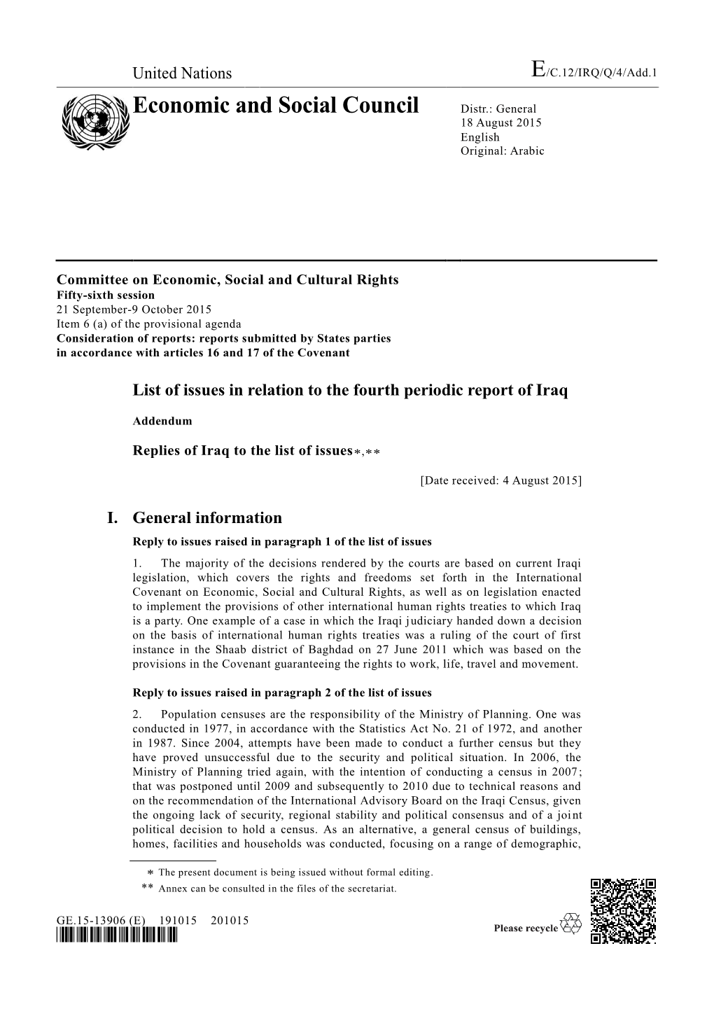 Economic and Social Council Distr.: General 18 August 2015 English Original: Arabic