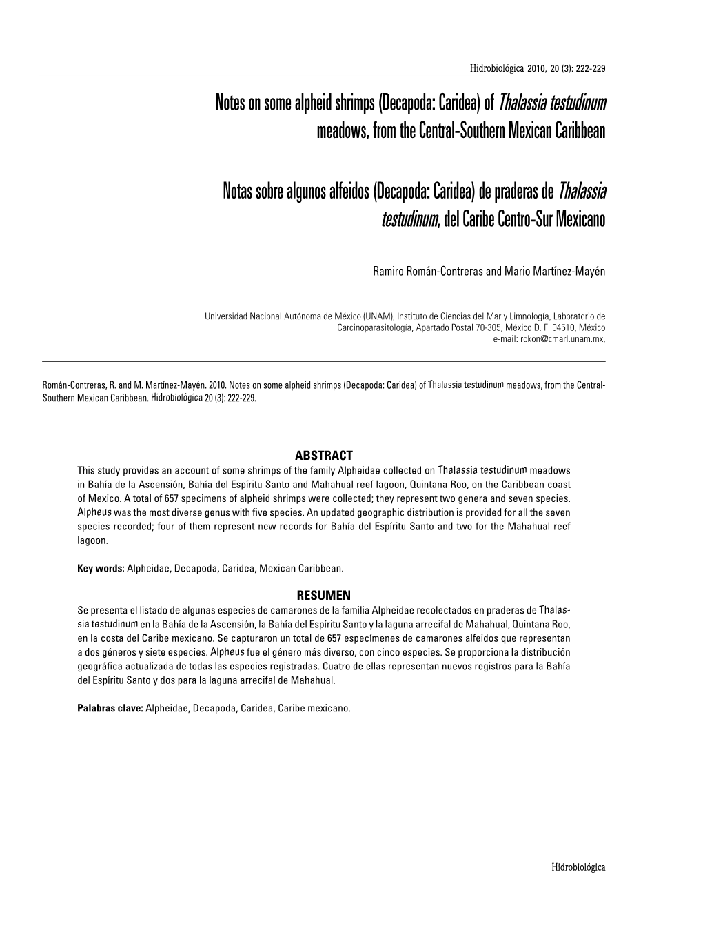 Notes on Some Alpheid Shrimps (Decapoda: Caridea) of Thalassia Testudinum Meadows, from the Central-Southern Mexican Caribbean