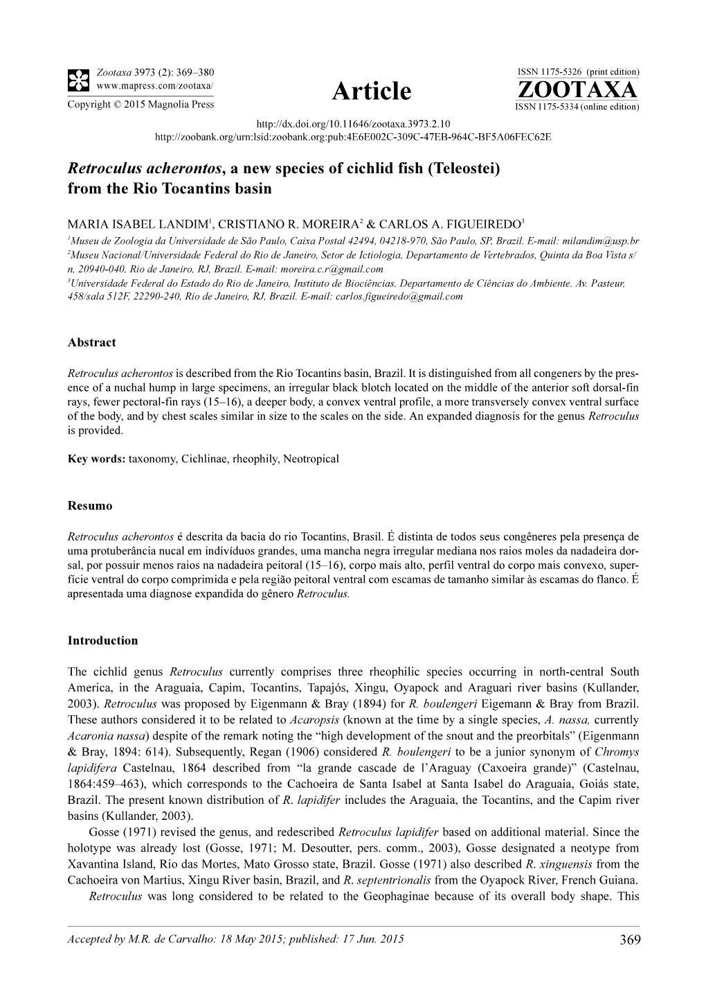 Retroculus Acherontos, a New Species of Cichlid Fish (Teleostei) from the Rio Tocantins Basin