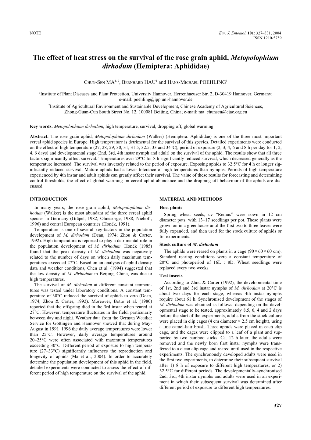 The Effect of Heat Stress on the Survival of the Rose Grain Aphid, Metopolophium Dirhodum (Hemiptera: Aphididae)