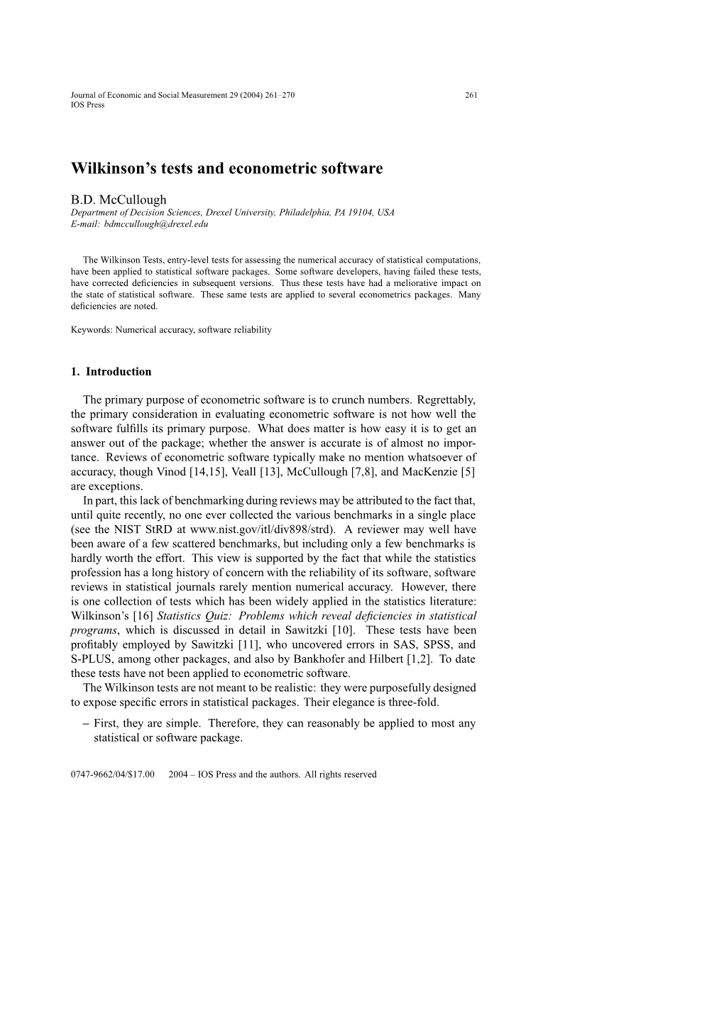 Wilkinson's Tests and Econometric Software