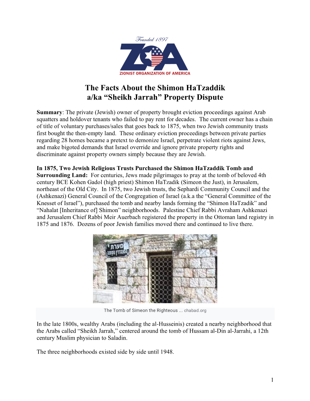 The Facts About the Shimon Hatzaddik A/Ka “Sheikh Jarrah” Property Dispute