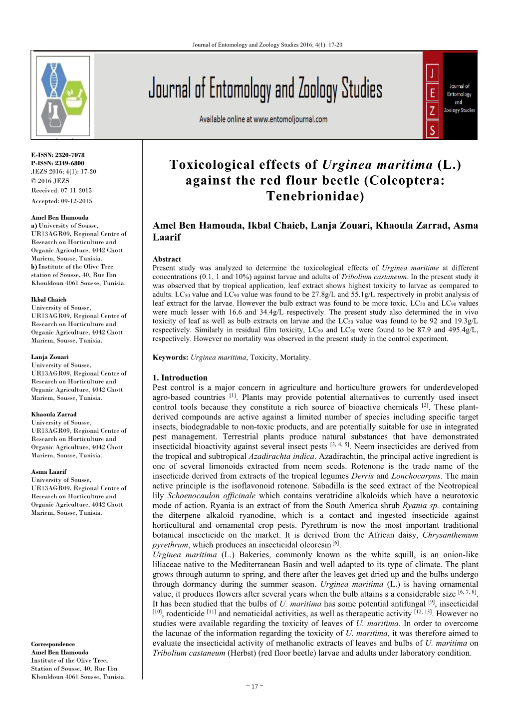 Toxicological Effects of Urginea Maritima (L.) Against the Red Flour