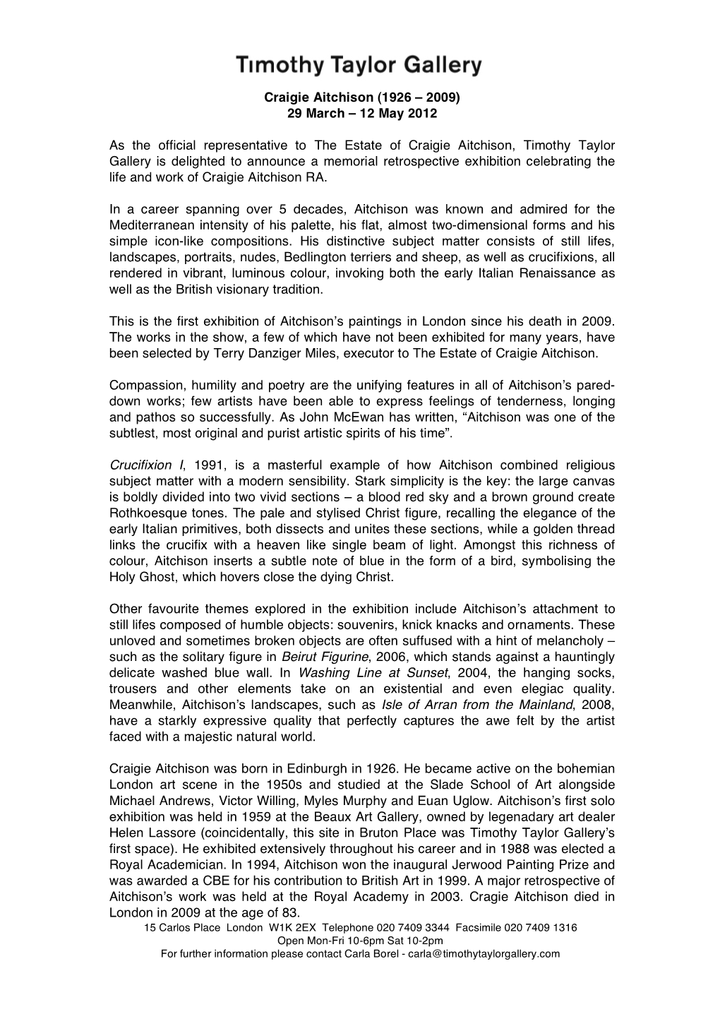 Press Release Craigie Aitchison 29 March-12 May 2012