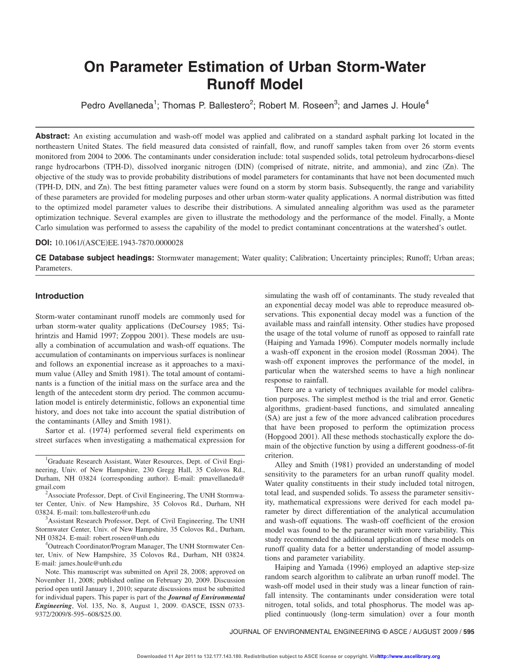 On Parameter Estimation of Urban Storm-Water Runoff Model Pedro Avellaneda1; Thomas P