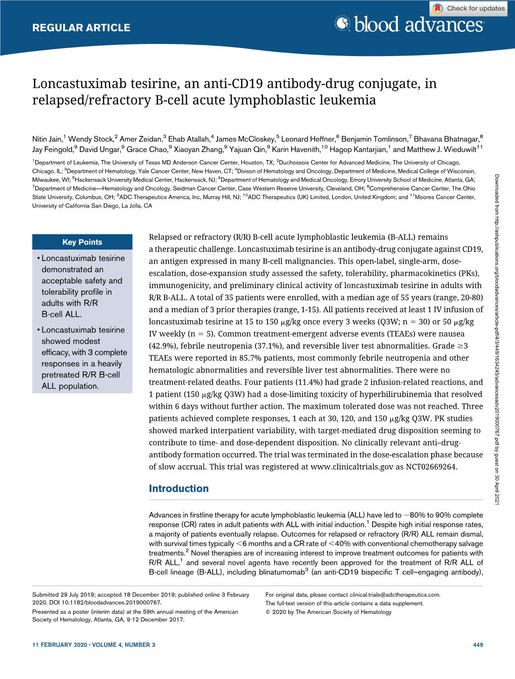 Loncastuximab Tesirine, an Anti-CD19 Antibody-Drug Conjugate, in Relapsed/Refractory B-Cell Acute Lymphoblastic Leukemia