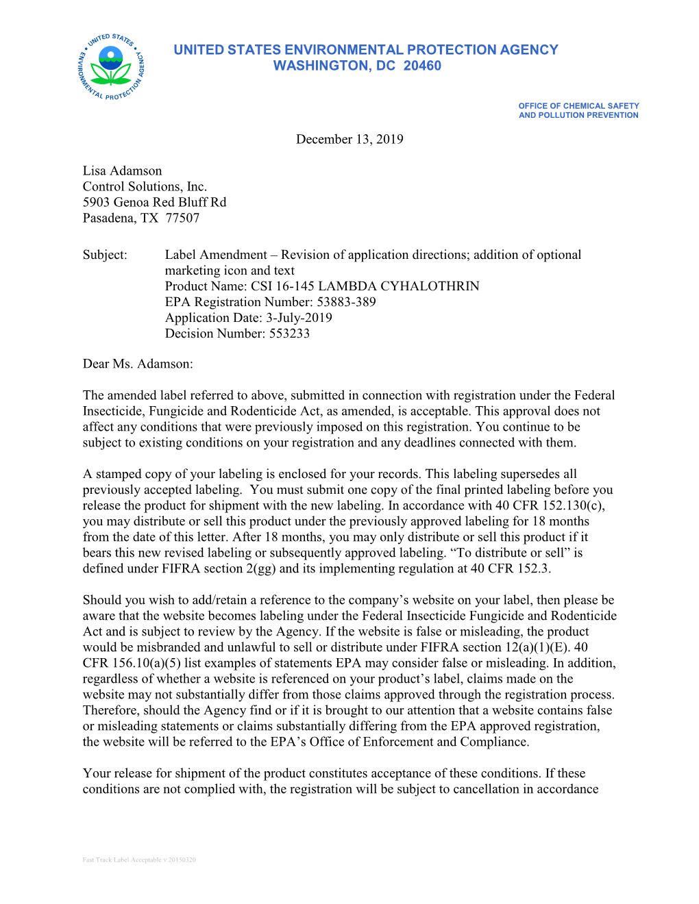 US EPA, Pesticide Product Label, CSI 16-145 Lambda Cyhalothrin,12/13