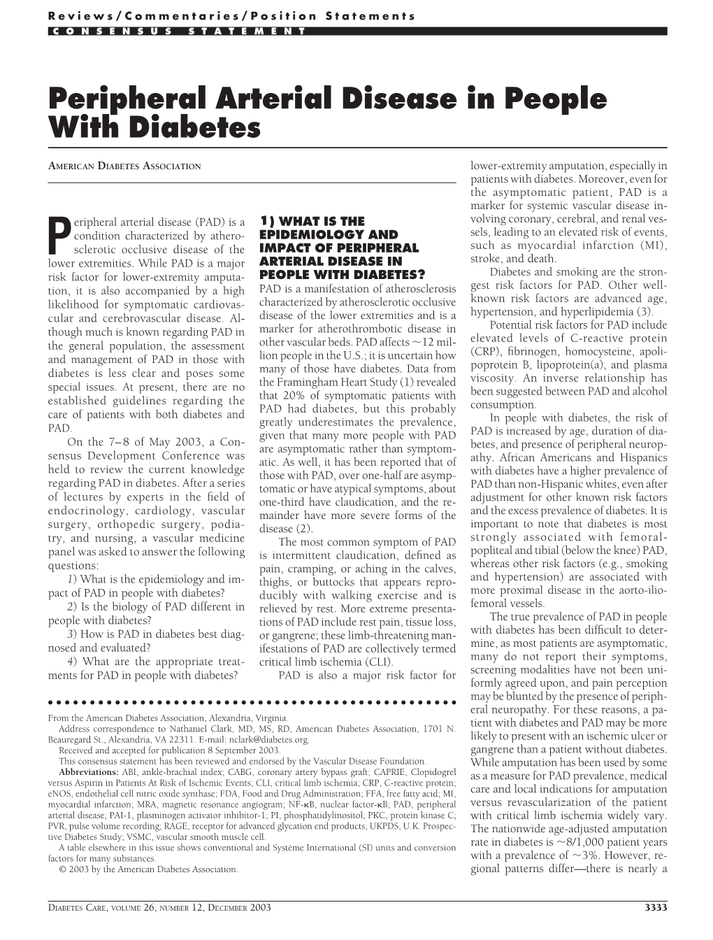 Peripheral Arterial Disease in People with Diabetes
