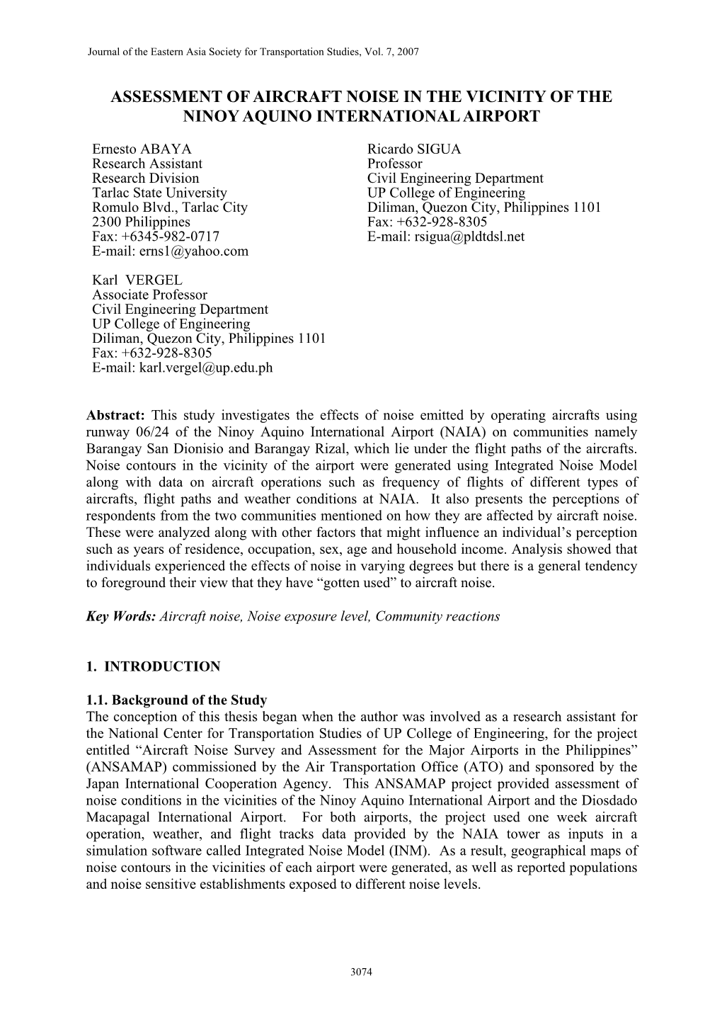 Assessment of Aircraft Noise in the Vicinity of the Ninoy Aquino International Airport