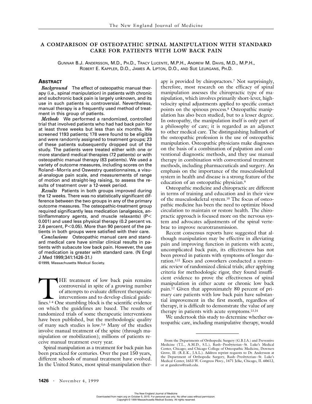 Comparison of Osteopathic Spinal Manipulation with Standard Care for Patients with Low Back Pain