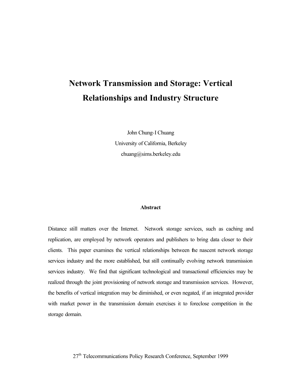 Network Transmission and Storage: Vertical Relationships and Industry Structure