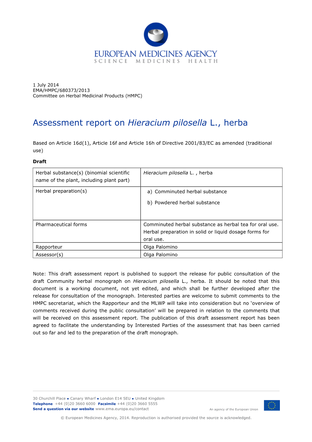 Assessment Report on Hieracium Pilosella L., Herba