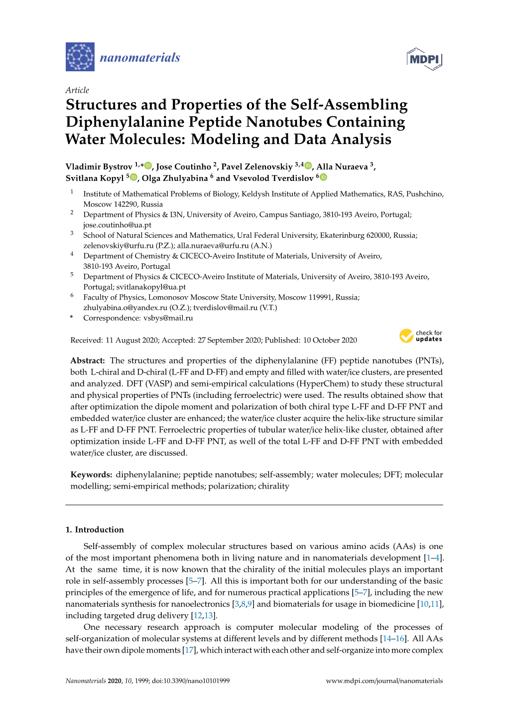 Structures and Properties of the Self-Assembling Diphenylalanine Peptide Nanotubes Containing Water Molecules: Modeling and Data Analysis