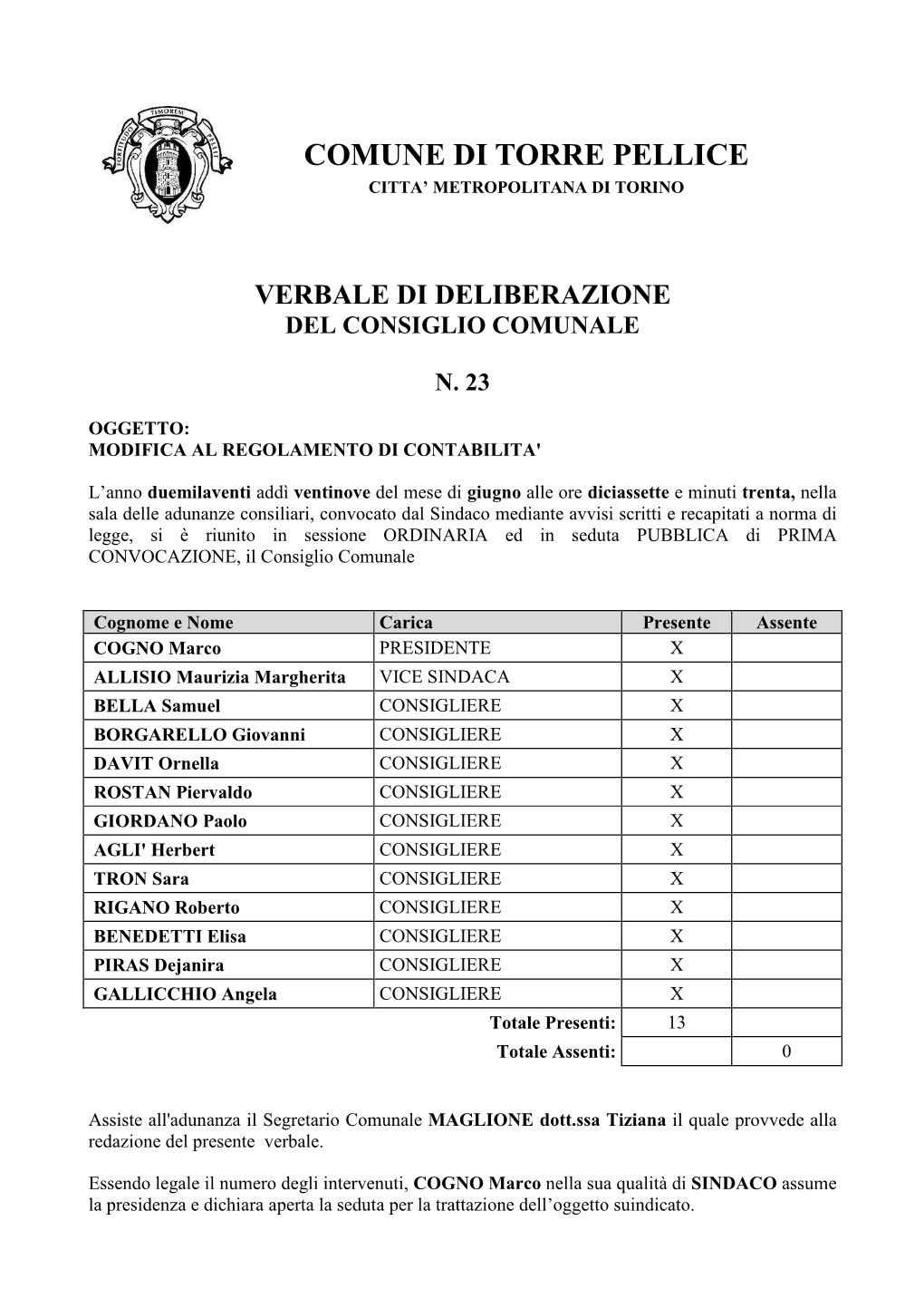 Comune Di Torre Pellice Citta’ Metropolitana Di Torino