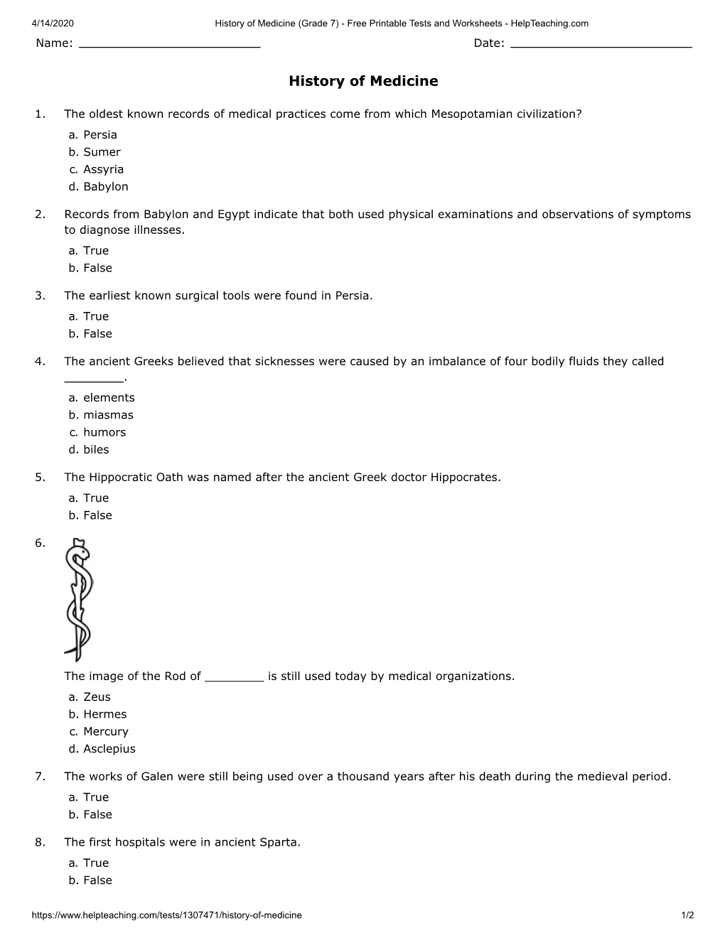 History of Medicine Worksheet