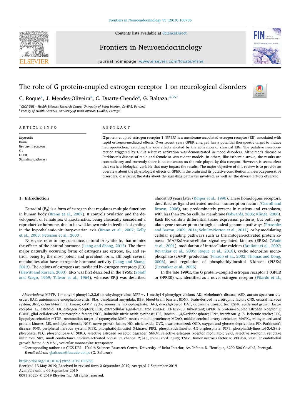 The Role of G Protein-Coupled Estrogen Receptor 1 on Neurological Disorders T ⁎ C