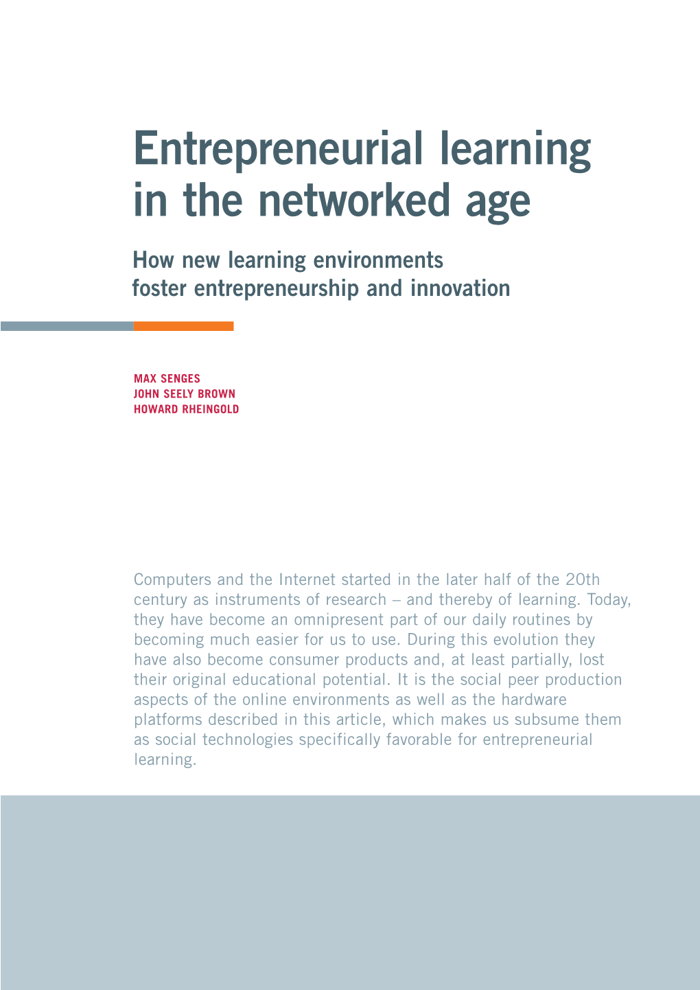 Entrepreneurial Learning in the Networked Age