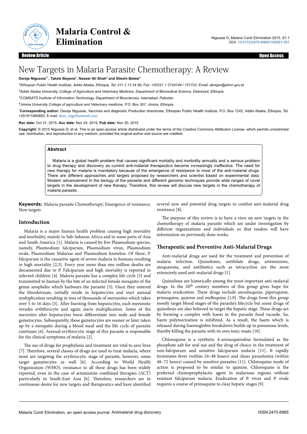 New Targets in Malaria Parasite Chemotherapy: a Review