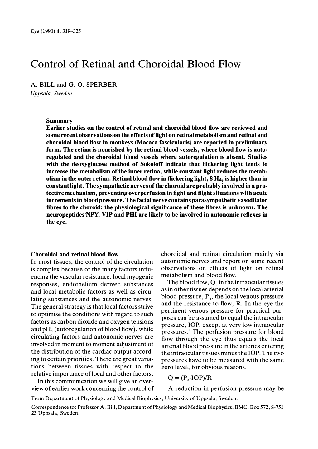 Control of Retinal and Choroidal Blood Flow