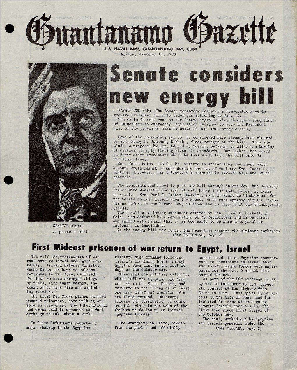 New Energy Bill - WASHINGTON (AP)--The Senate Yesterday Defeated a Democratic Move to Require President Nixon to Order Gas Rationing by Jan