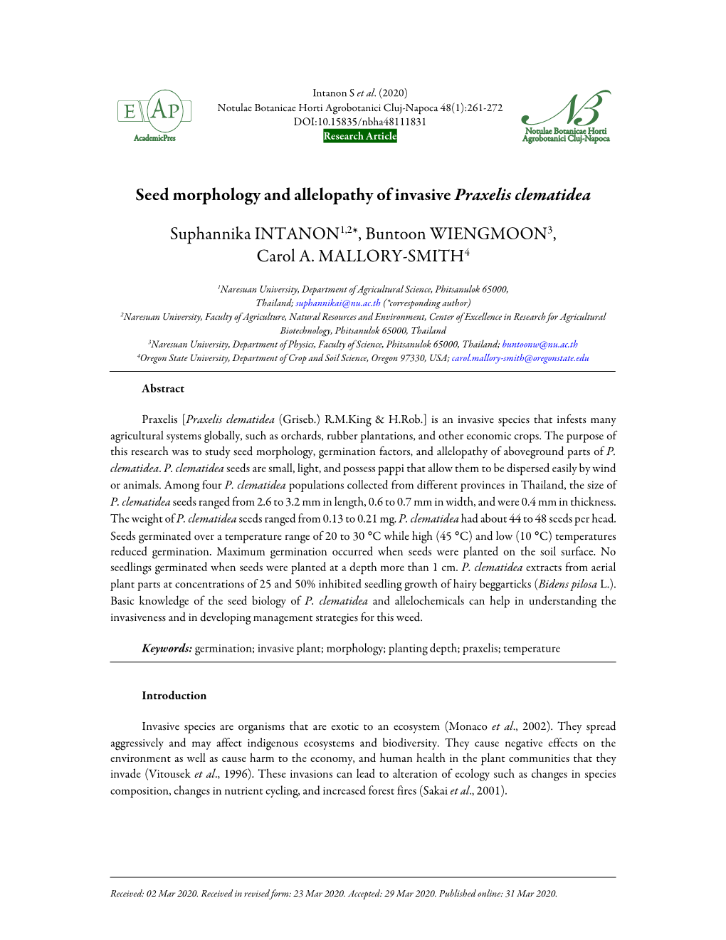 Seed Morphology and Allelopathy of Invasive Praxelis Clematidea