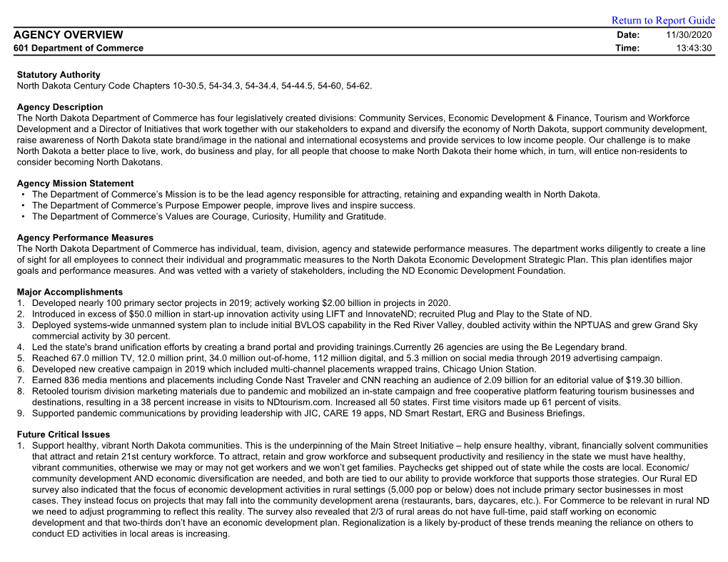 Report Guide AGENCY OVERVIEW Date: 11/30/2020 601 Department of Commerce Time: 13:43:30