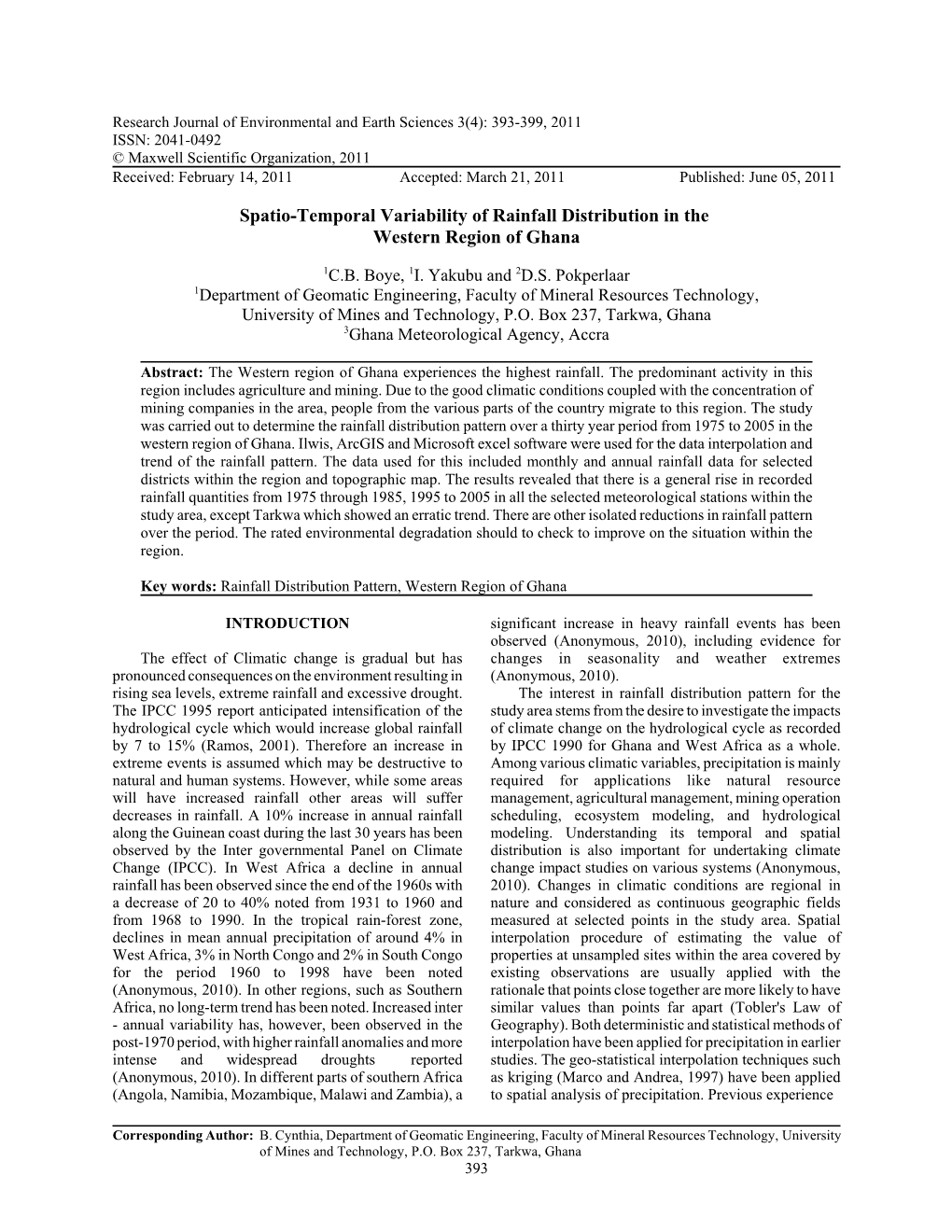 Spatio-Temporal Variability of Rainfall Distribution in the Western Region of Ghana