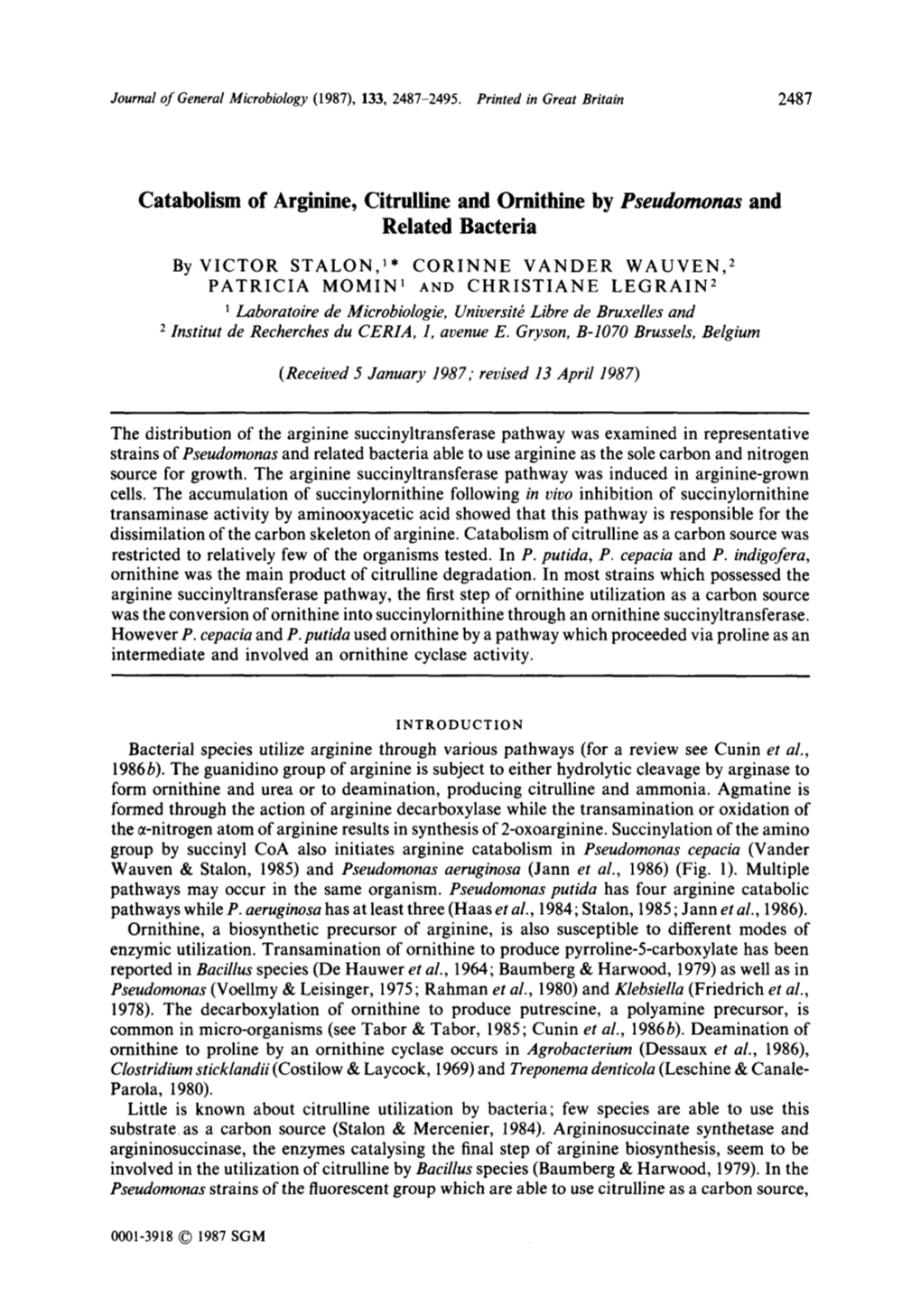 Catabolism of Arginine, Citrulline and Ornithine by Pseudomonas and Related Bacteria