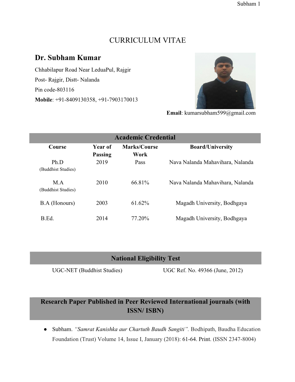 CURRICULUM VITAE Dr. Subham Kumar